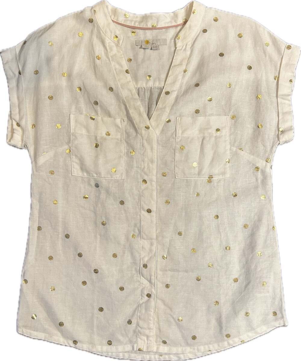 Boden Evie White Linen Gold Polka Dot Button Down Shirt Size US 2R, EUC